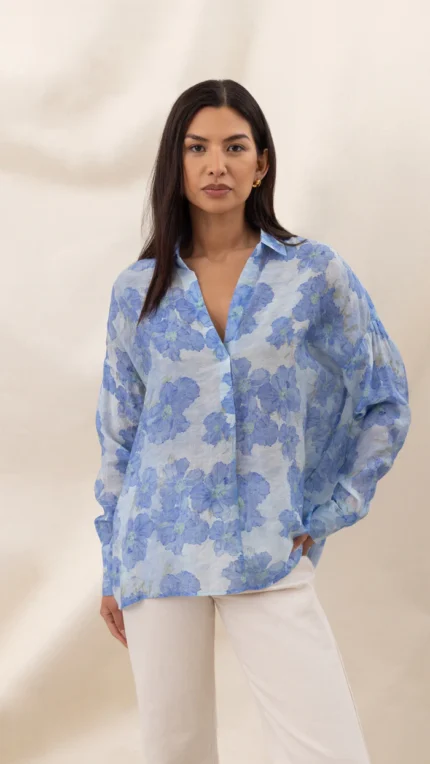 Libby Printed Shirt - Azure Flower Print